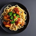 Spaghetti with tomato sauce, chicken, egg, and basil, delicious food, restaurant cuisine dish, healthy meal, generative ai