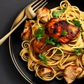 Spaghetti with tomato sauce, chicken, egg, and basil, delicious food, restaurant cuisine dish, healthy meal, generative ai