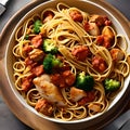 Spaghetti with tomato sauce, chicken, egg, and basil, delicious food, restaurant cuisine dish, healthy meal, generative ai