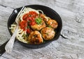 Spaghetti with tomato sauce and chicken meatballs in a pan Royalty Free Stock Photo