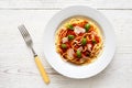 Spaghetti with tomato sauce, fresh basil and cheese. With fork s Royalty Free Stock Photo