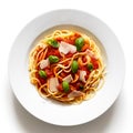 Spaghetti with tomato sauce, fresh basil and cheese. Isolated on Royalty Free Stock Photo