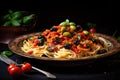 spaghetti with tomato sauce, olives and basil on a black background, Spaghetti alla puttanesca - italian pasta dish with tomatoes Royalty Free Stock Photo