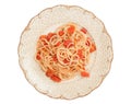 Spaghetti and tomato sauce on white background Royalty Free Stock Photo