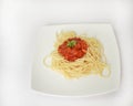 Spaghetti with tomato sauce on white plate