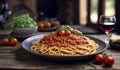 Spaghetti with tomato sauce on a wooden plate Served with red wine. The most popular menu for people around the world