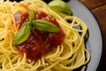 Spaghetti with tomatoe sauce and their ingredients arround,adjustment size for banner,cover and header. Royalty Free Stock Photo