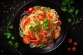 Spaghetti with tomatoes and basil in a black bowl on a black wooden background, top view, Chinese noodle soup with vegetables on Royalty Free Stock Photo
