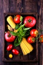 Spaghetti and tomatoes with herbs. Royalty Free Stock Photo