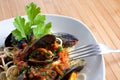Spaghetti with tomatoes and mussels Royalty Free Stock Photo