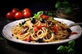 Spaghetti with tomatoes, olives and basil on a dark background, Spaghetti alla puttanesca - italian pasta dish with tomatoes, Royalty Free Stock Photo