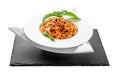 Spaghetti tuna pasta basil plate triangle shape slate table pretty