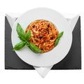 Spaghetti tuna pasta basil plate triangle shape slate table pretty Royalty Free Stock Photo