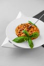 Spaghetti tuna pasta basil plate triangle shape slate table pretty