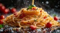 Spaghetti twirling out of a pan, creating a whimsical and dynamic image that celebrates the joy of