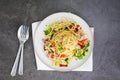 Food Spaghetti with vegetables, broccoli, room cooking, sesame seeds