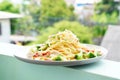 Food Spaghetti with vegetables, broccoli, room cooking, sesame seeds