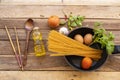 Spaghetti ,vegetables and pan prepare to cook a foods