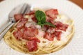 Spaghetti white cream sauce on white plate