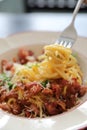 Spaghetti white sauce Spaghetti Carbonara with bacon and garlic in closeup