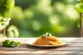 Spaghetti on Wooden Table with Blur Nature Background, Generative AI