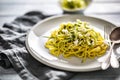 Spaghetti zucchini raw vegan pasta with feta cheese cucumber and basil