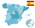Spain administrative blue-green map with country flag and location on a globe