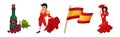 Spain Attributes with Red Wine, Bullfighter, Flag and Woman Dance Flamenco Vector Set Royalty Free Stock Photo