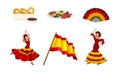Spain Attributes with Woman Dancing Flamenco and Flag on Pole Vector Illustration Set Royalty Free Stock Photo