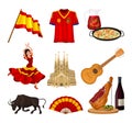 Spain Attributes with Woman Dancing Flamenco and Flag Vector Illustration Set Royalty Free Stock Photo