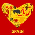 Spain background in shape of heart. Spanish traditional symbols and objects Royalty Free Stock Photo