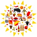 Spain background in shape of sun. Spanish traditional symbols and objects