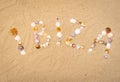 Spain Balearic Islands, Ibiza writing with seashells on sand beach Royalty Free Stock Photo