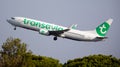 SPAIN, BARCELONA - AUGUST 18, 2023: Transavia Boeing 737-700 airplane takes off from Barcelona