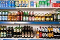 SPAIN, BARCELONA - FEBRUARY 12, 2024: Different types of beer on counter of Russian goods store, Spain, Barcelona Royalty Free Stock Photo