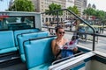 Spain Barcelona July 2017. the girl in the blue tourist bus. city tour sightseeing Royalty Free Stock Photo