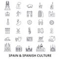 Spain, barcelona, madrid, spanish, flamenco, mediterrian line icons. Editable strokes. Flat design vector illustration Royalty Free Stock Photo