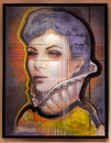 Oil painting of a female portrait in multicolored tones
