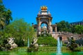 Spain, Barcelona - May 30 2022: A monumental two-level fountain in a classical style with an arch and a statue of Venus in the Royalty Free Stock Photo