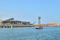 Tourist cruise ship in Port Vell marina in Barcelona. Transbordador Aeri Del Port