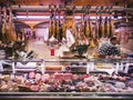 Jamon shop Mercado de la Ribera Market of Bilbao city Famous market in Spain