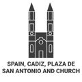 Spain, Cadiz, Plaza De San Antonio And Church travel landmark vector illustration