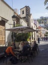 Spain, Canary islands, Tenerife, Puerto de la cruz, December 23, 2017, group of senior tourist people sitting outside on