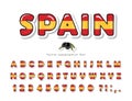 Spain cartoon font. Spanish national flag colors. Paper cutout glossy ABC letters and numbers. Bright alphabet for