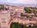 Spain castle Alhambra. Palace and fortress complex located in Granada, Andalusia. aerial photography from drone Royalty Free Stock Photo