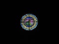 Round stained glass window in the Collegiate church of Santa Maria with the text `Cooperativa Del Campo Comarcal De Cervera. Any 1