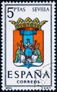 Stamp printed in Spain dedicated to Arms of Provincial Capitals shows Sevilla