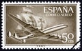 SPAIN - CIRCA 1956: A stamp printed in Spain shows Air Lockheed L-1049 Super Constellation aircraft and Caravel, circa 1956.