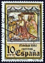 SPAIN - CIRCA 1980: A stamp printed in Spain shows Nativity mural from Church of Santa Maria de Cuina, Oza de los Rios