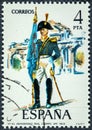 Stamp printed in Spain shows Royal standard-bearer artillery bod